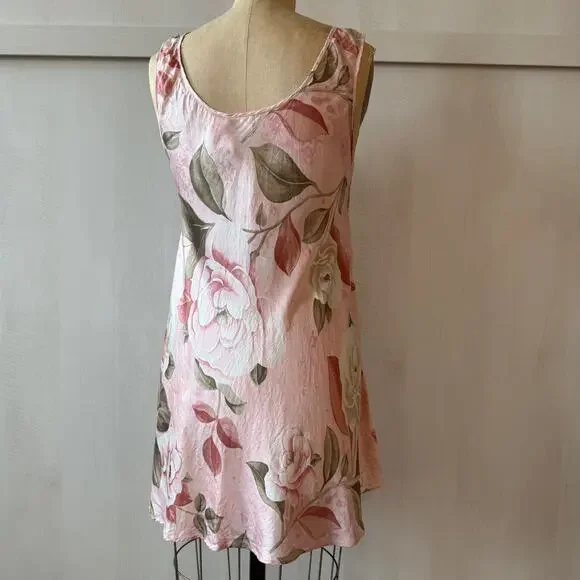 Vtg 90s SILX by August Silk 100% Silk Pink Rose Floral Mini Dress - Picture 3 of 4